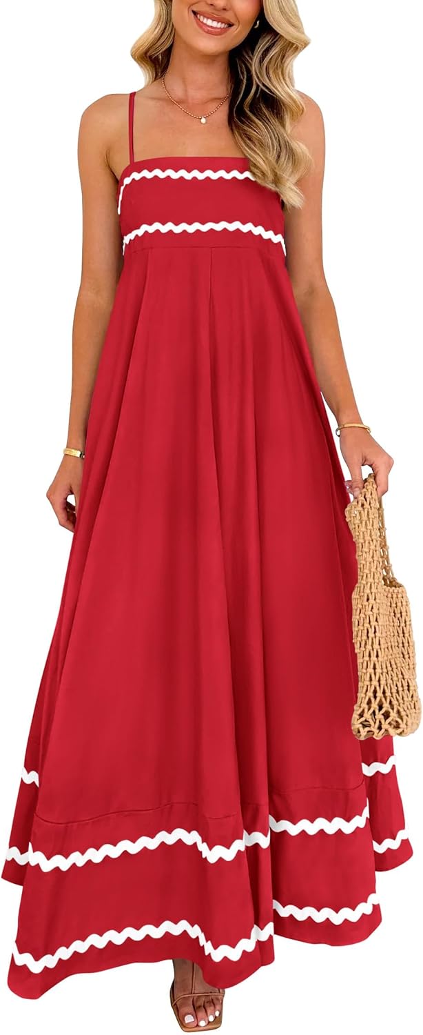 Ysabelle Spaghetti Strap Boho Maxi Dress with Square Neck and Contrast Trim Details
