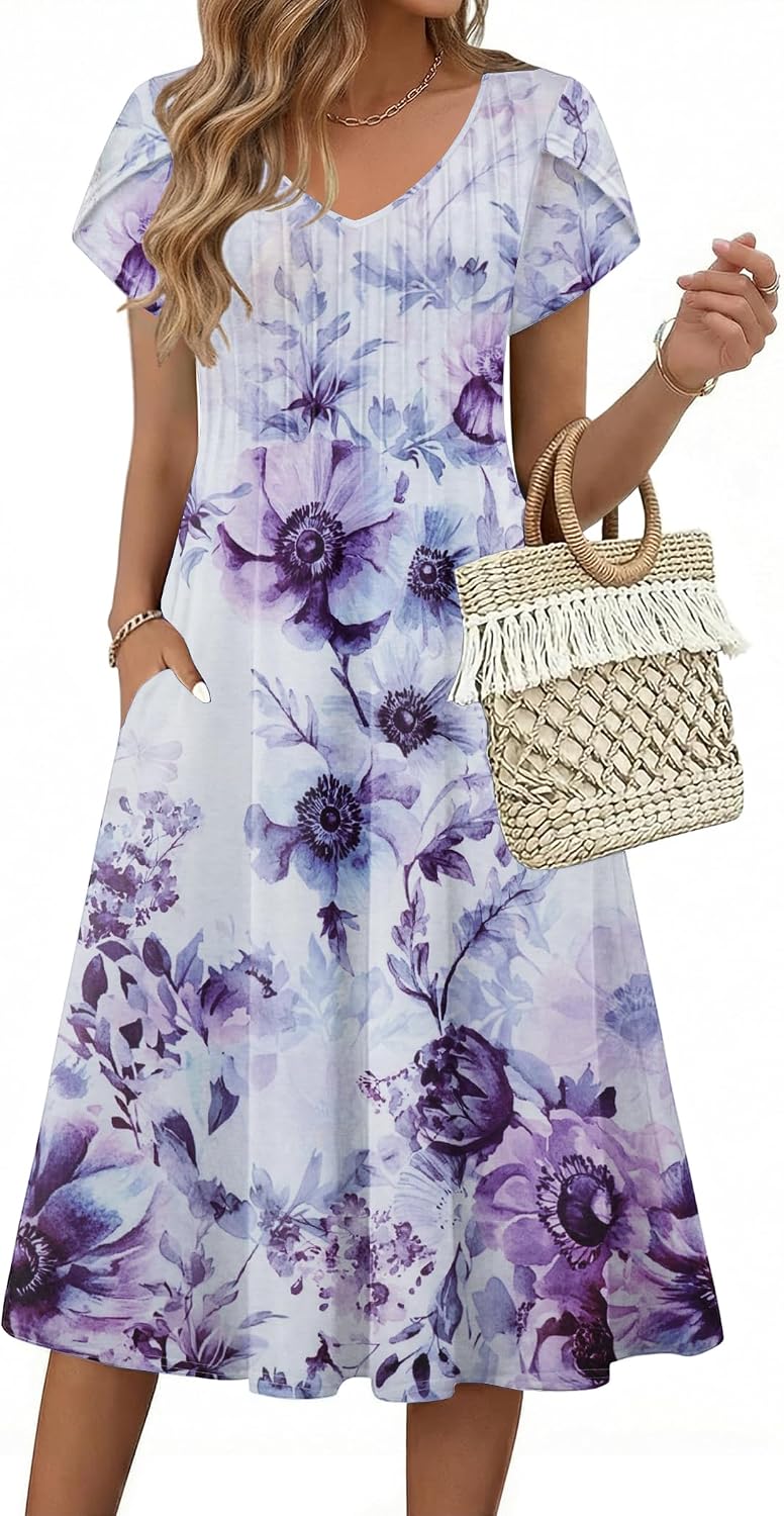 Rosalie Women's Pleated A-Line Midi Dress with V-Neck, Petal Sleeves & Side Pockets