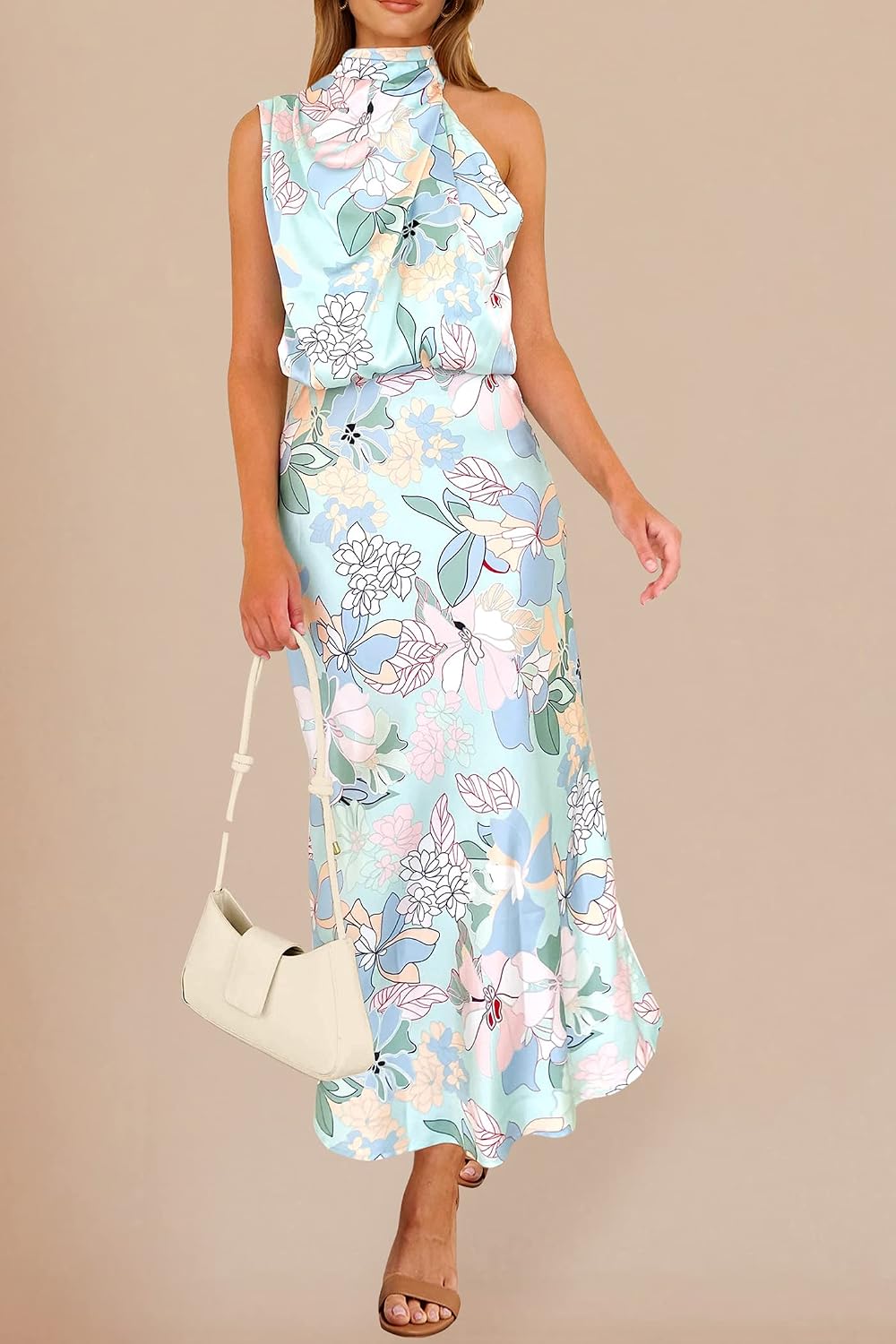 Vivienne Women's Satin Mock Neck Maxi Dress with Asymmetrical Shoulder & Flowy Skirt