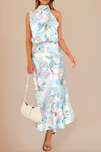 Vivienne Women's Satin Mock Neck Maxi Dress with Asymmetrical Shoulder & Flowy Skirt