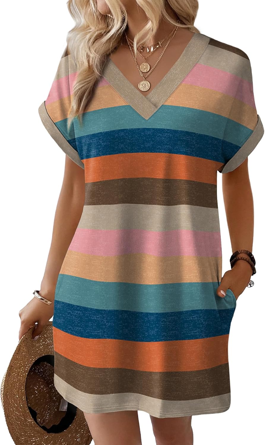 Elara Women's Casual V-Neck Midi T-Shirt Dress with Cuffed Sleeves & Side Pockets
