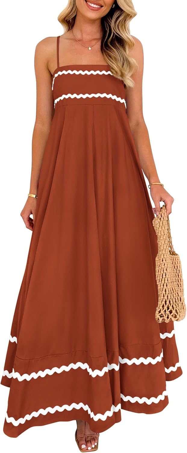 Ysabelle Spaghetti Strap Boho Maxi Dress with Square Neck and Contrast Trim Details