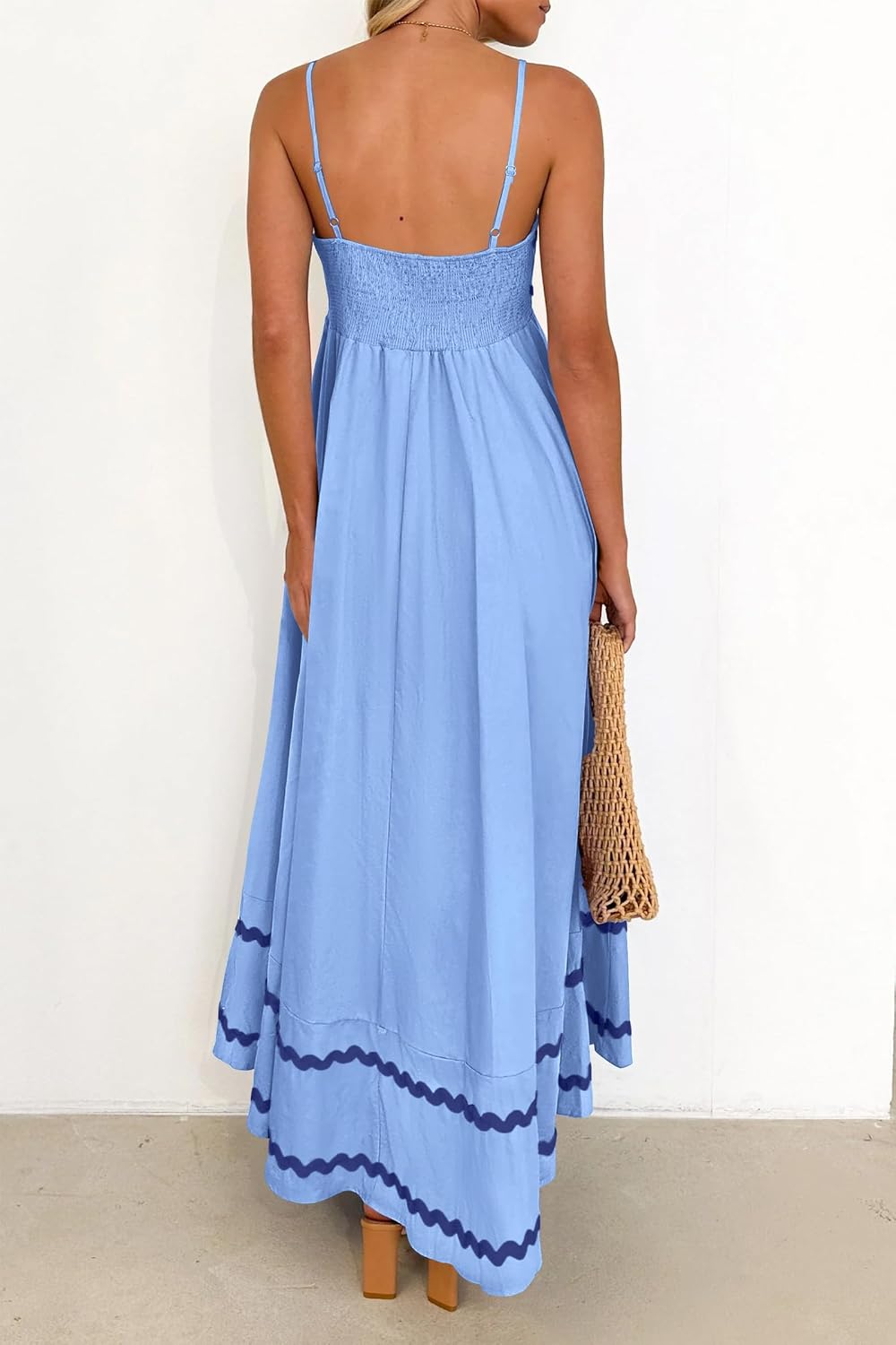 Ysabelle Spaghetti Strap Boho Maxi Dress with Square Neck and Contrast Trim Details