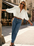 Freja Linen Blend Oversized Button-Down Roll Sleeve Collared Women's Relaxed Shirt Blouse