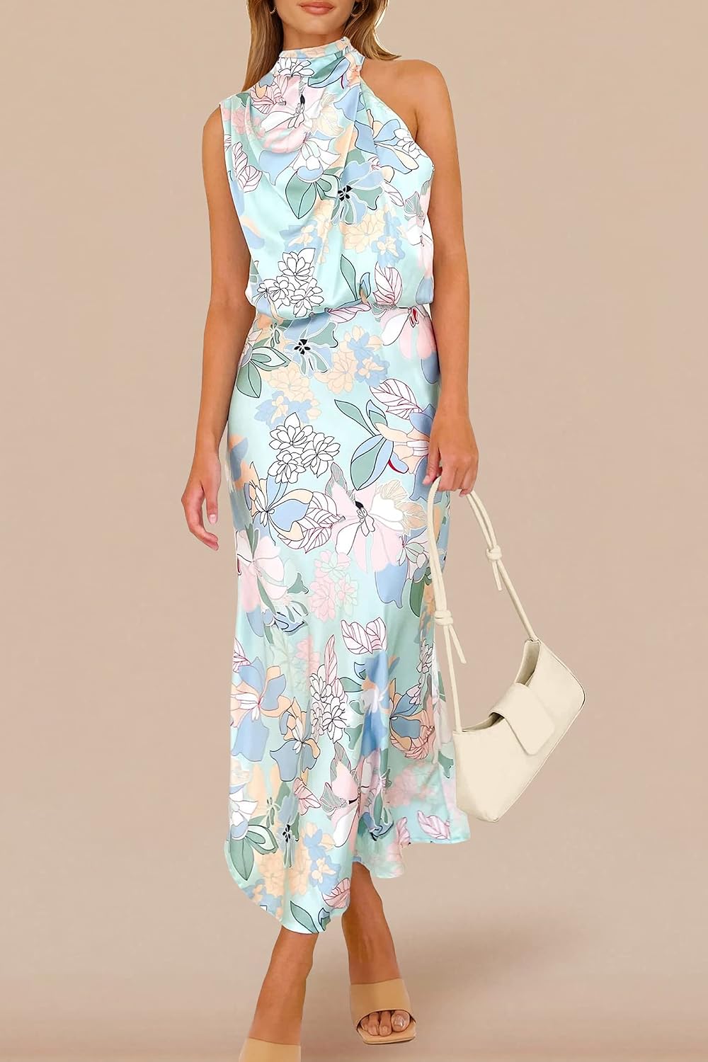 Vivienne Women's Satin Mock Neck Maxi Dress with Asymmetrical Shoulder & Flowy Skirt