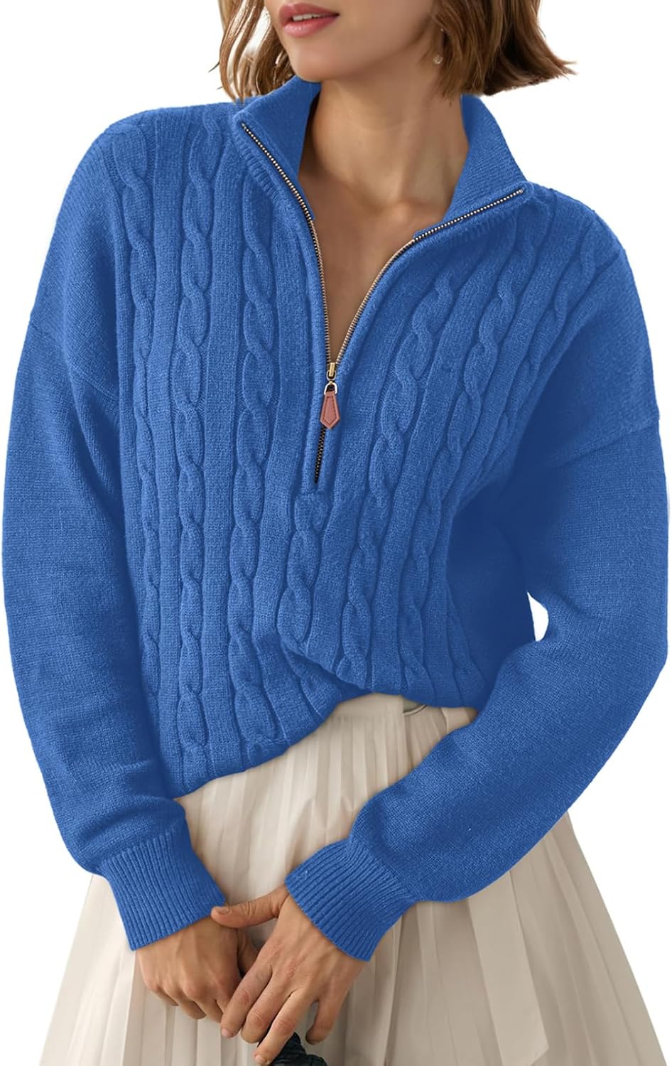 Ella Women's Ribbed 1/4-Zip Sweater – V-Neckline, Dropped-Shoulder Design & Cozy Fit