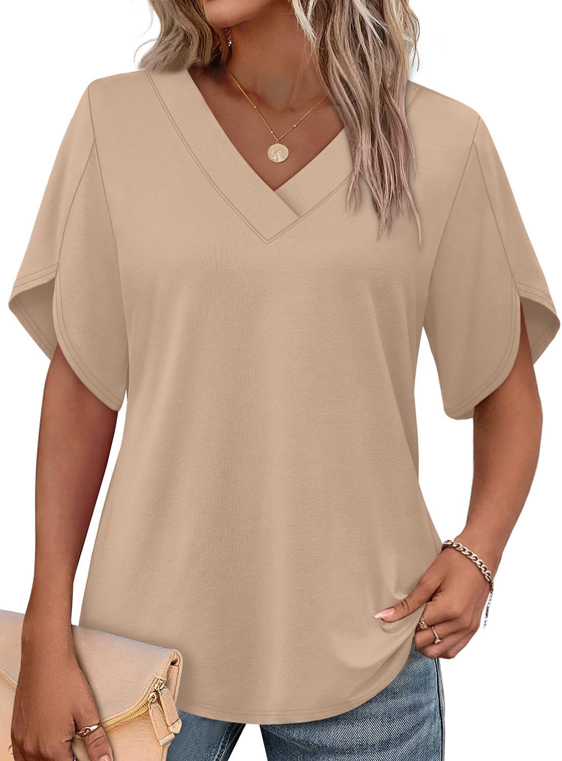 Floriane Women's V-Neck Petal Sleeve Blouse with Relaxed Everyday Fit