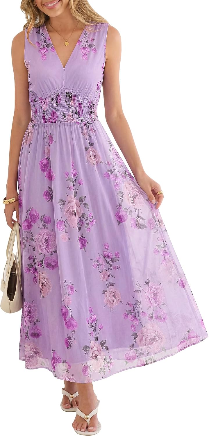 Rosalind Women's Floral Tulle Maxi Dress with V-Neck, Sleeveless A-Line Silhouette & Elastic Waist