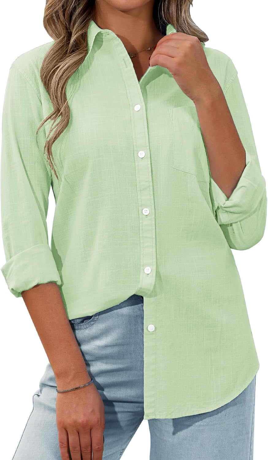 Margarita - Linen Blend Long Sleeve Button Down Shirt with Pocket Casual Summer Blouse