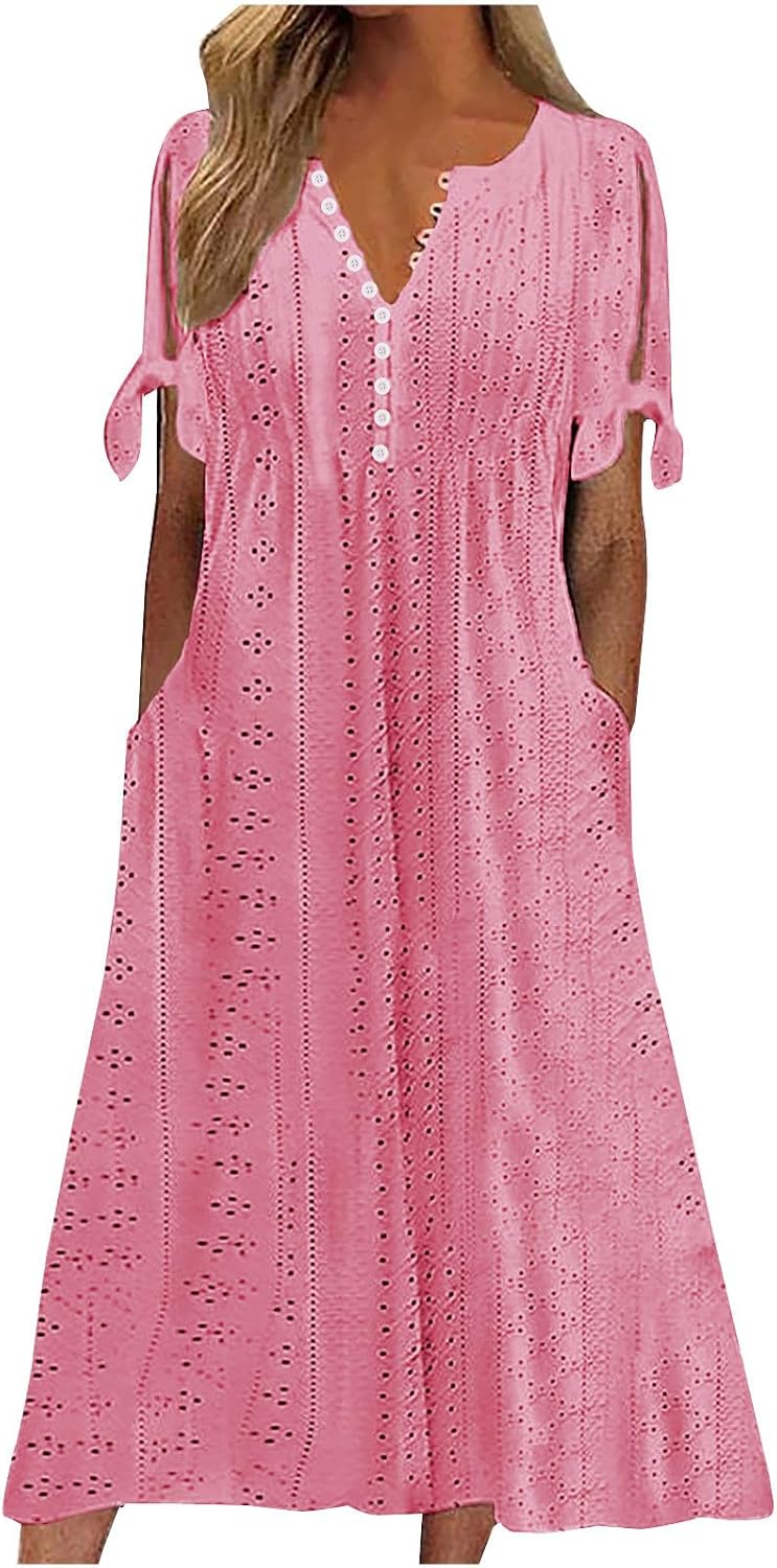 Elowyn Women's Eyelet Midi Dress with V-Neck, Decorative Buttons & Pockets