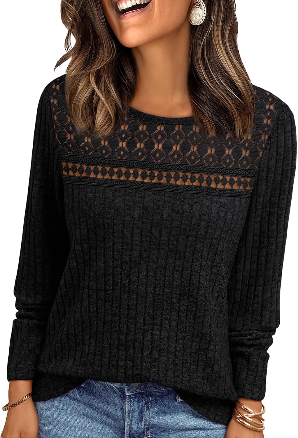 Adam Women's Lace Ribbed Top – Crewneck, Full-Length Sleeves & Fitted Silhouette
