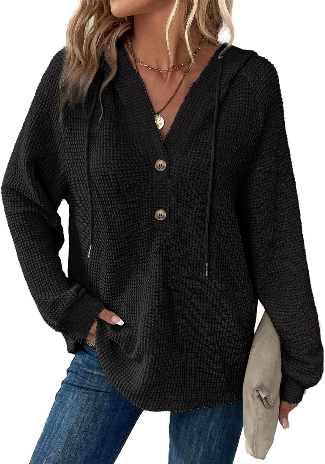 Edward Women's Waffle Knit Hoodie – V-Neckline, Button-Up Front & Loose Silhouette
