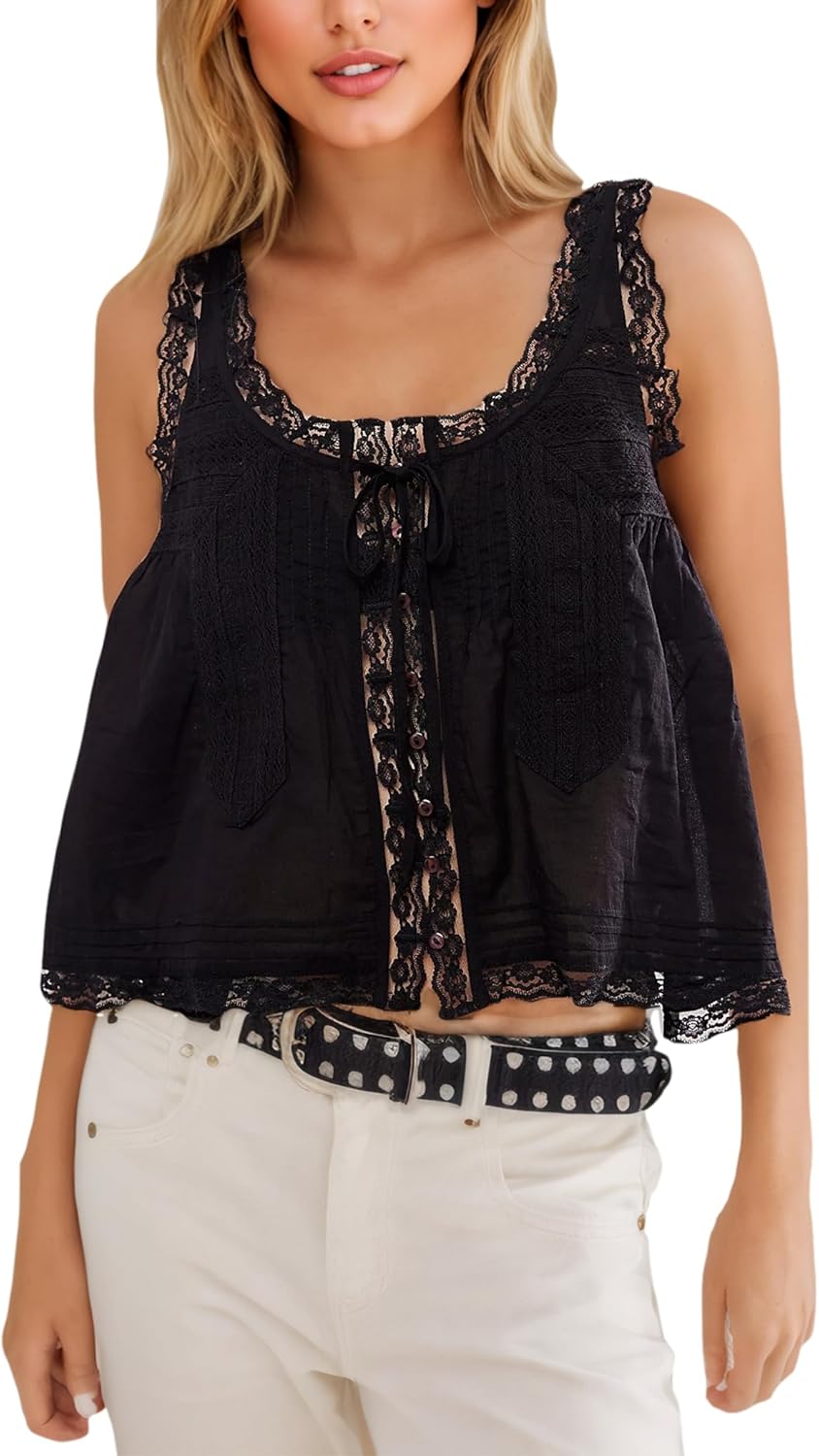 Isabeau Women's Boho Lace Tie-Front Crop Top with Ruffle Trim & Sleeveless Design