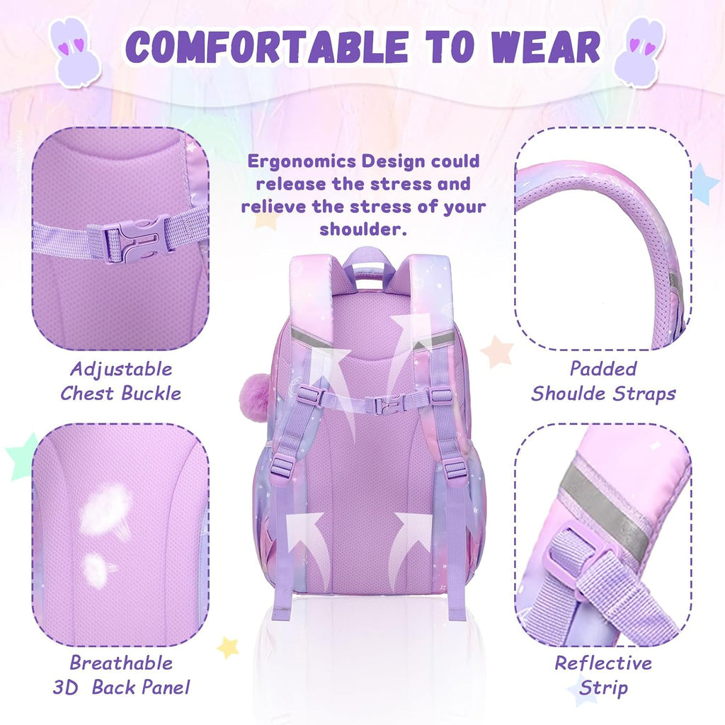 Klara Girls 21.8L Pastel School Backpack with 15-Inch Laptop Sleeve and Pom-Pom Charm
