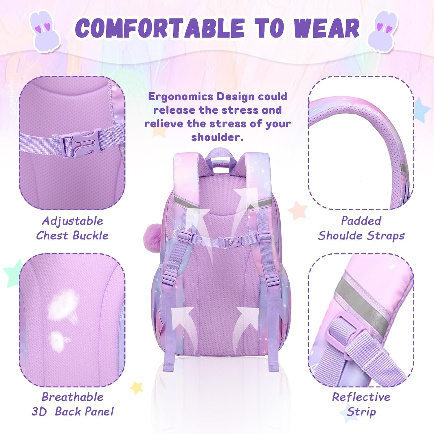 Klara Girls 21.8L Pastel School Backpack with 15-Inch Laptop Sleeve and Pom-Pom Charm