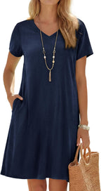 Mireya Cotton Linen Blend Shift Dress with V-Neck, Short Sleeves and Side Pockets