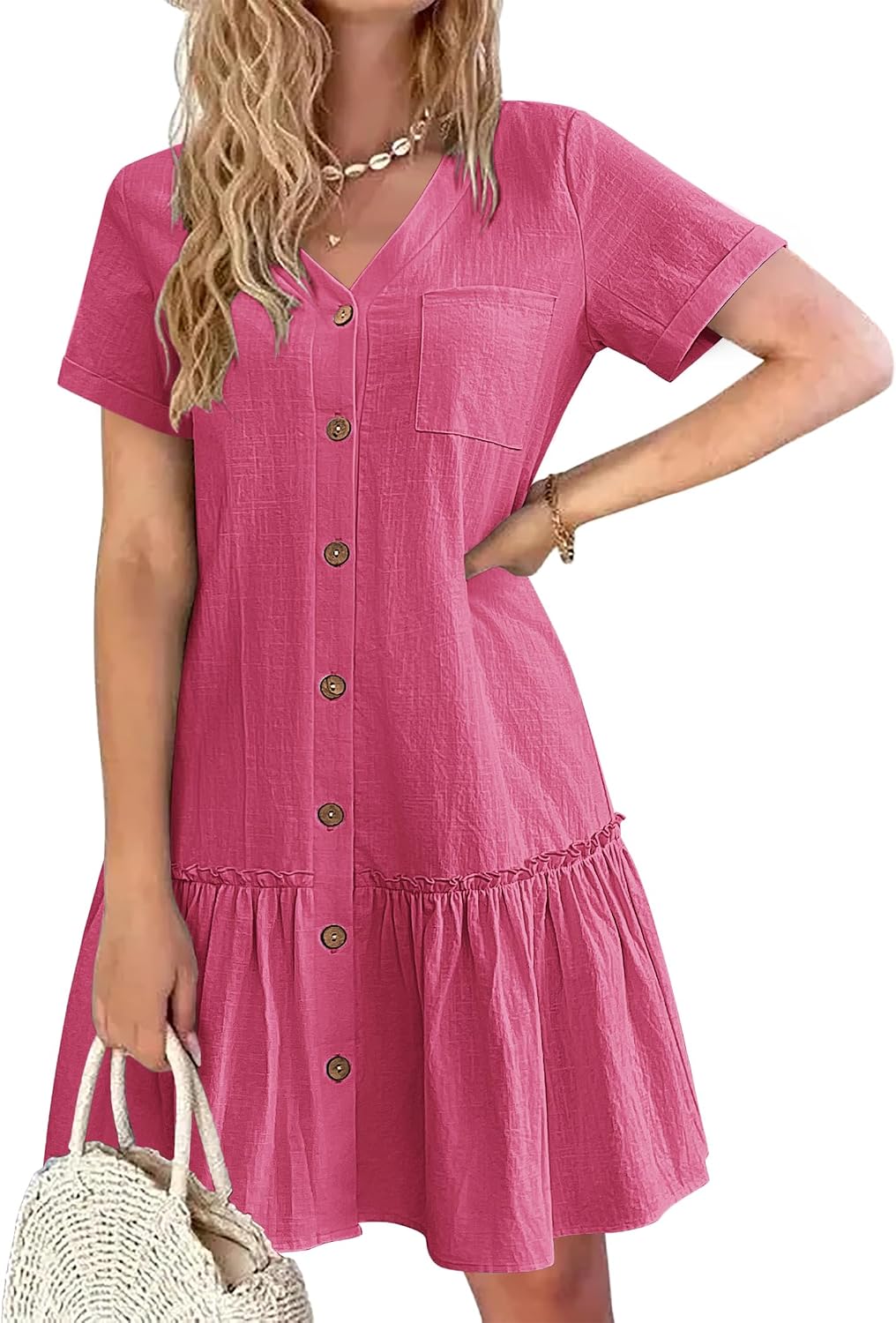 Celestine Cotton Linen Button Front Mini Dress with V-Neck, Ruffle Hem and Pocket