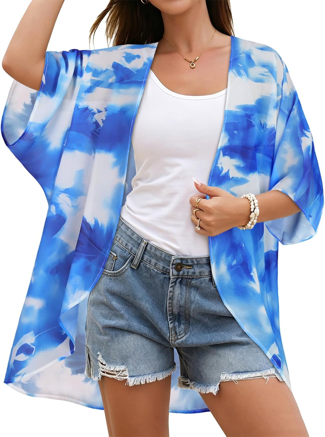 Giselle - Floral Chiffon Open Front Kimono Cardigan Beach Cover Up for Women