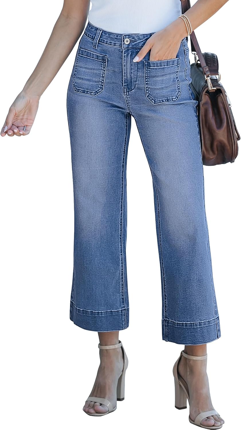 Corinne Women's High-Waisted Cropped Wide Leg Denim Jeans with Patch Pockets