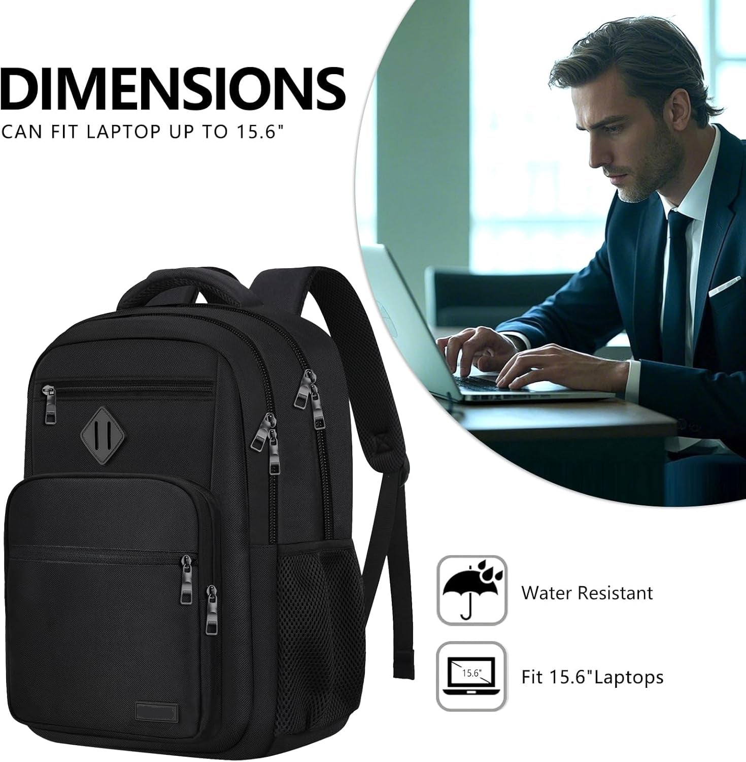 Jasper 30L Black Laptop Backpack with Anti-Theft Pocket and Padded Travel Straps