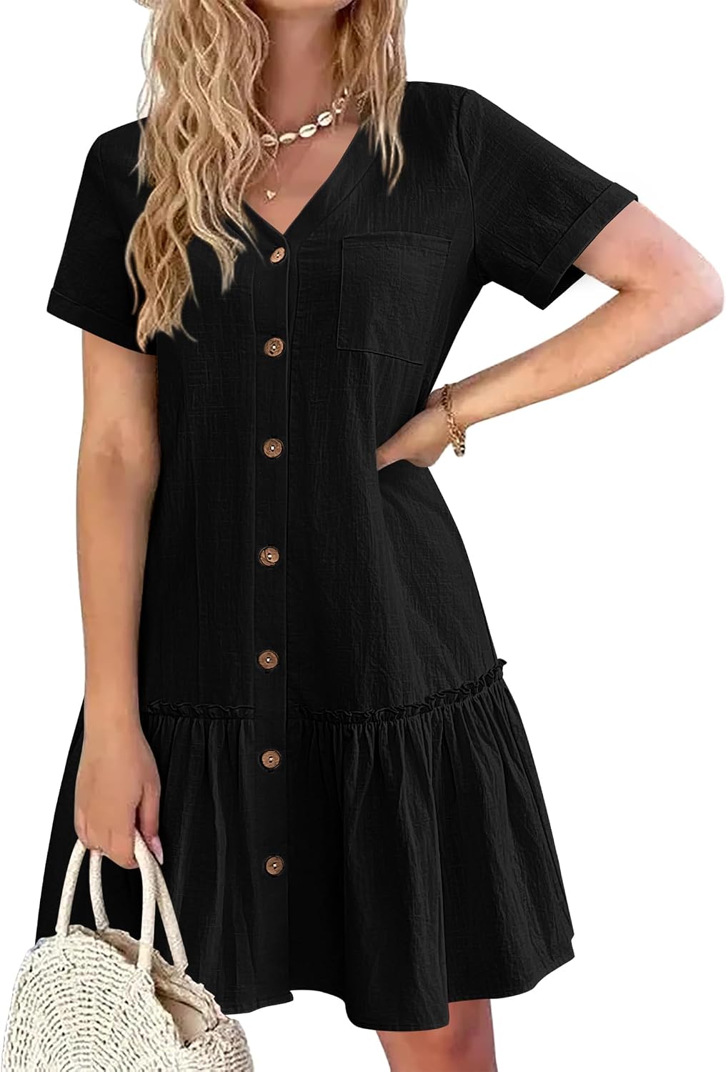 Celestine Cotton Linen Button Front Mini Dress with V-Neck, Ruffle Hem and Pocket