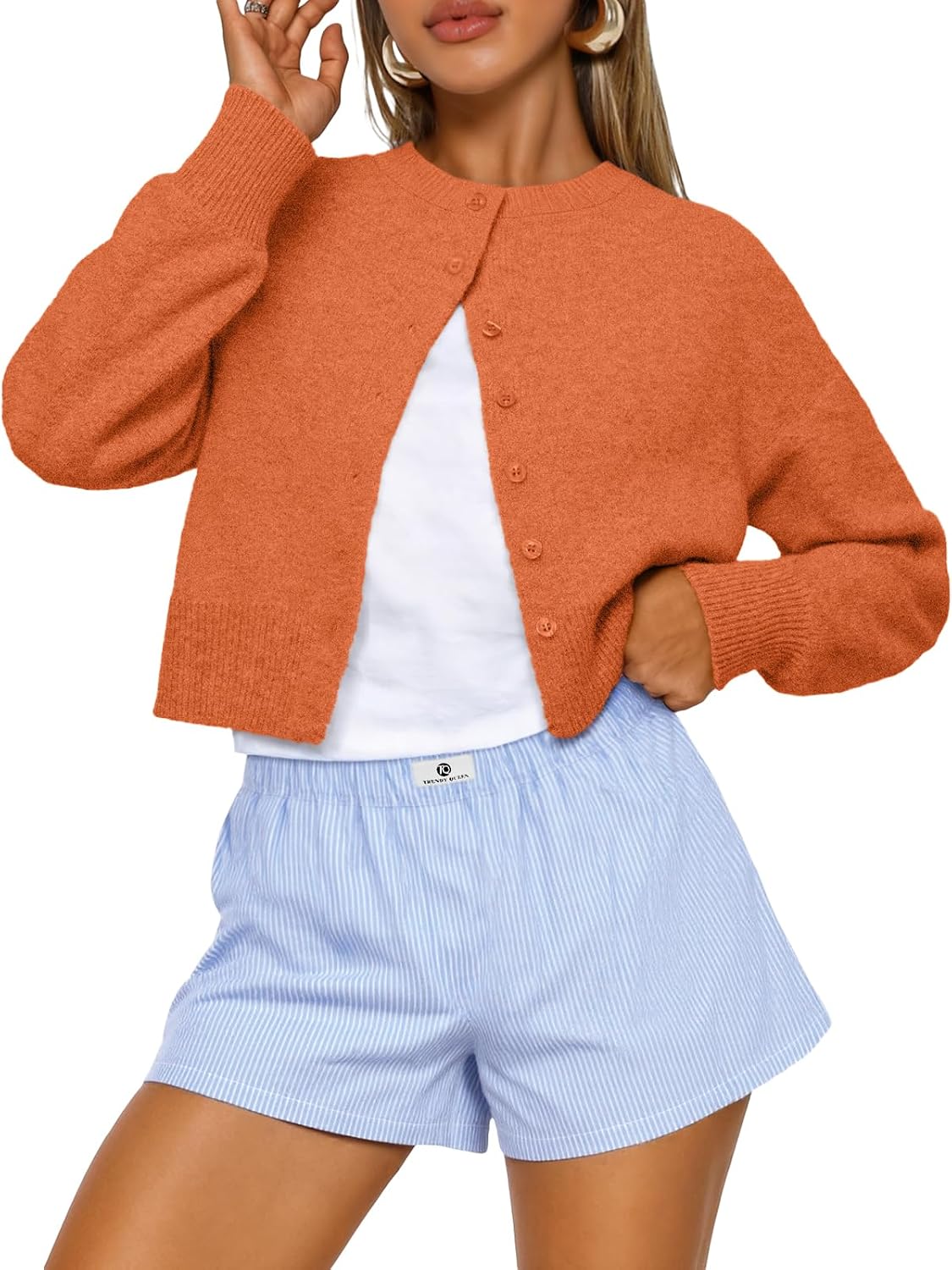 Marielle Cropped Knitted Cardigan with Crew Neck Button Front Lightweight Sweater
