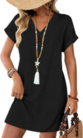 Camille Women's Relaxed Midi T-Shirt Dress with V-Neck, Cuffed Sleeves & Side Pockets