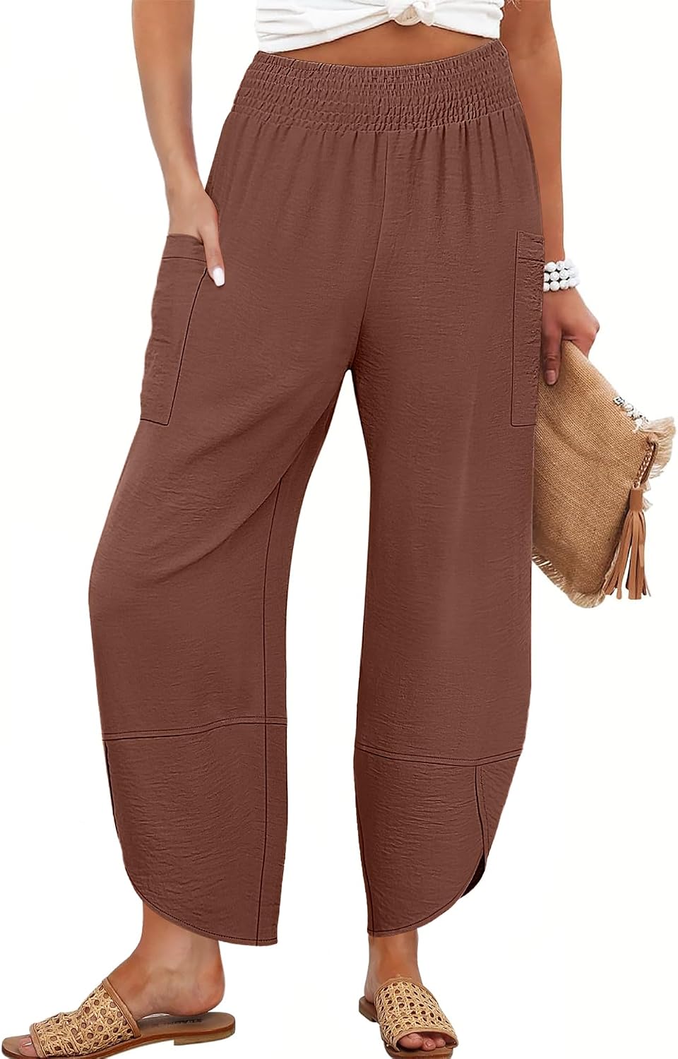 Maëlys Women's Smocked Waist Barrel Leg Cropped Pants with Utility Pockets