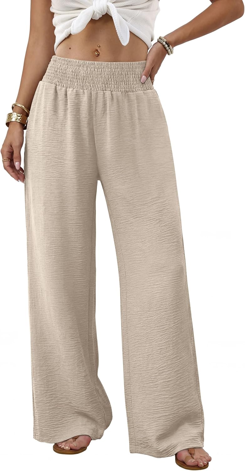 Solenne Women's High-Waisted Wide Leg Lounge Pants with Smocked Waist & Pockets