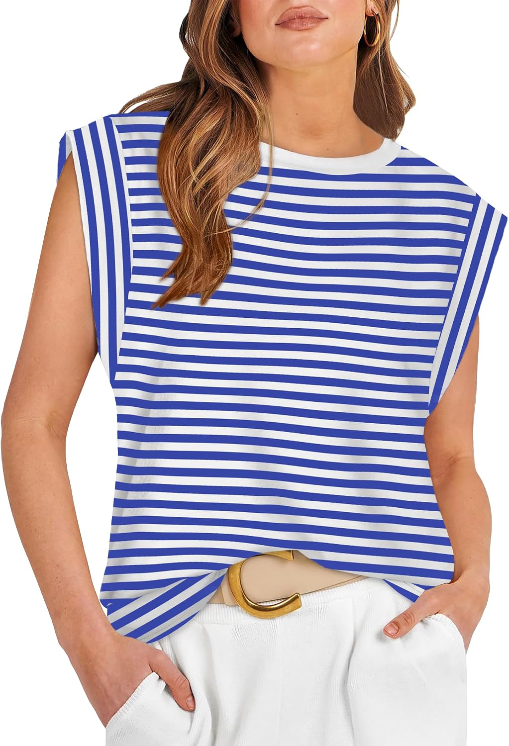 Marielle Women's Cap Sleeve Crew Neck Top with Relaxed Fit Everyday Tee