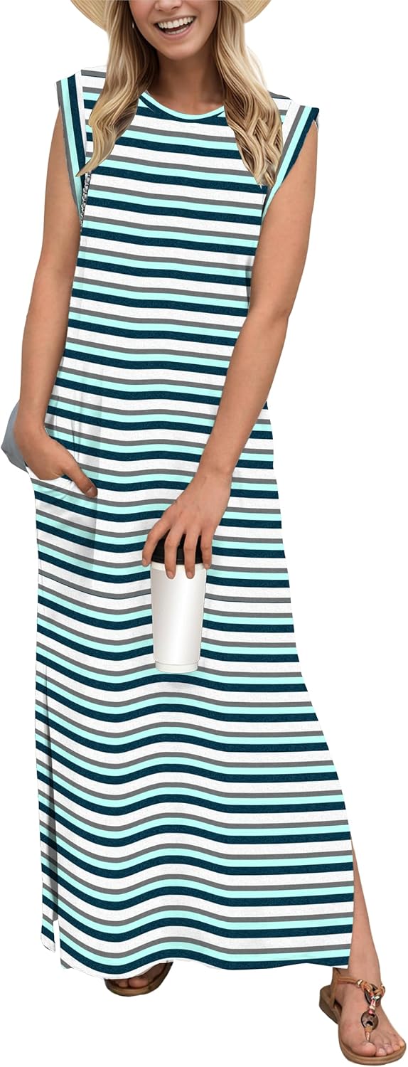 Coralie Women's Sleeveless Maxi Dress with Side Slit, Pockets & Wrinkle-Resistant Fabric