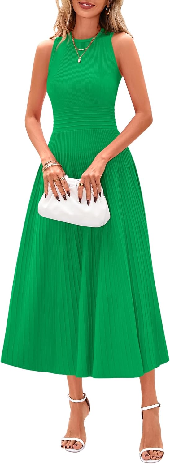 Elise Women's Pleated A-Line Midi Dress with Sleeveless Crew Neck & High Waist