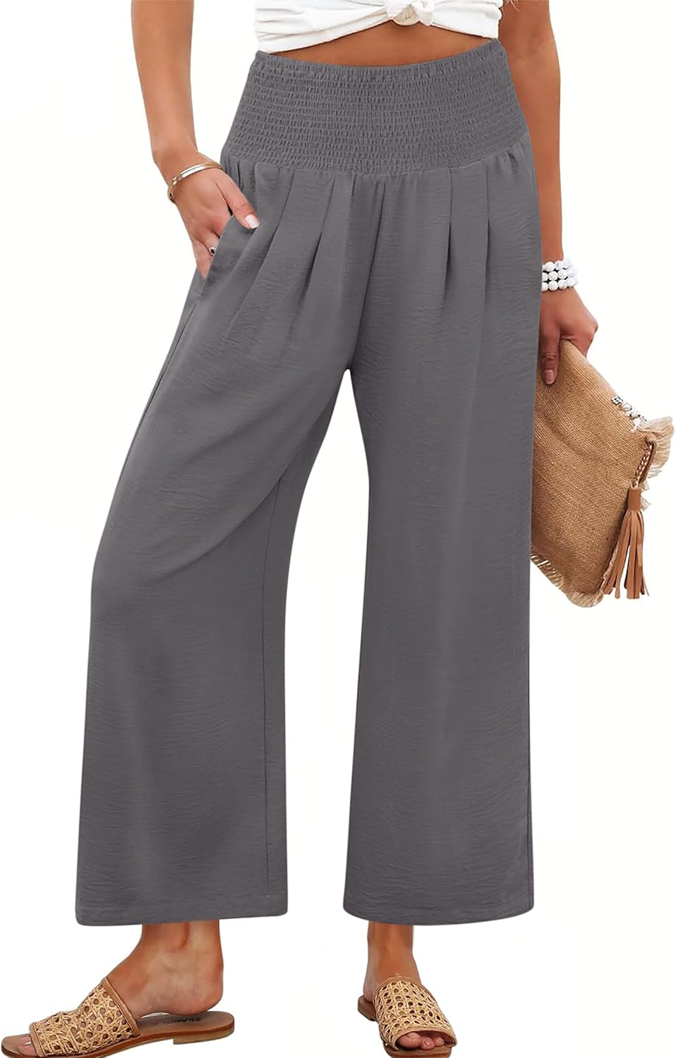 Bria - Wide Leg Palazzo Pants with Smocked High Waist, Pockets and Lightweight Fabric