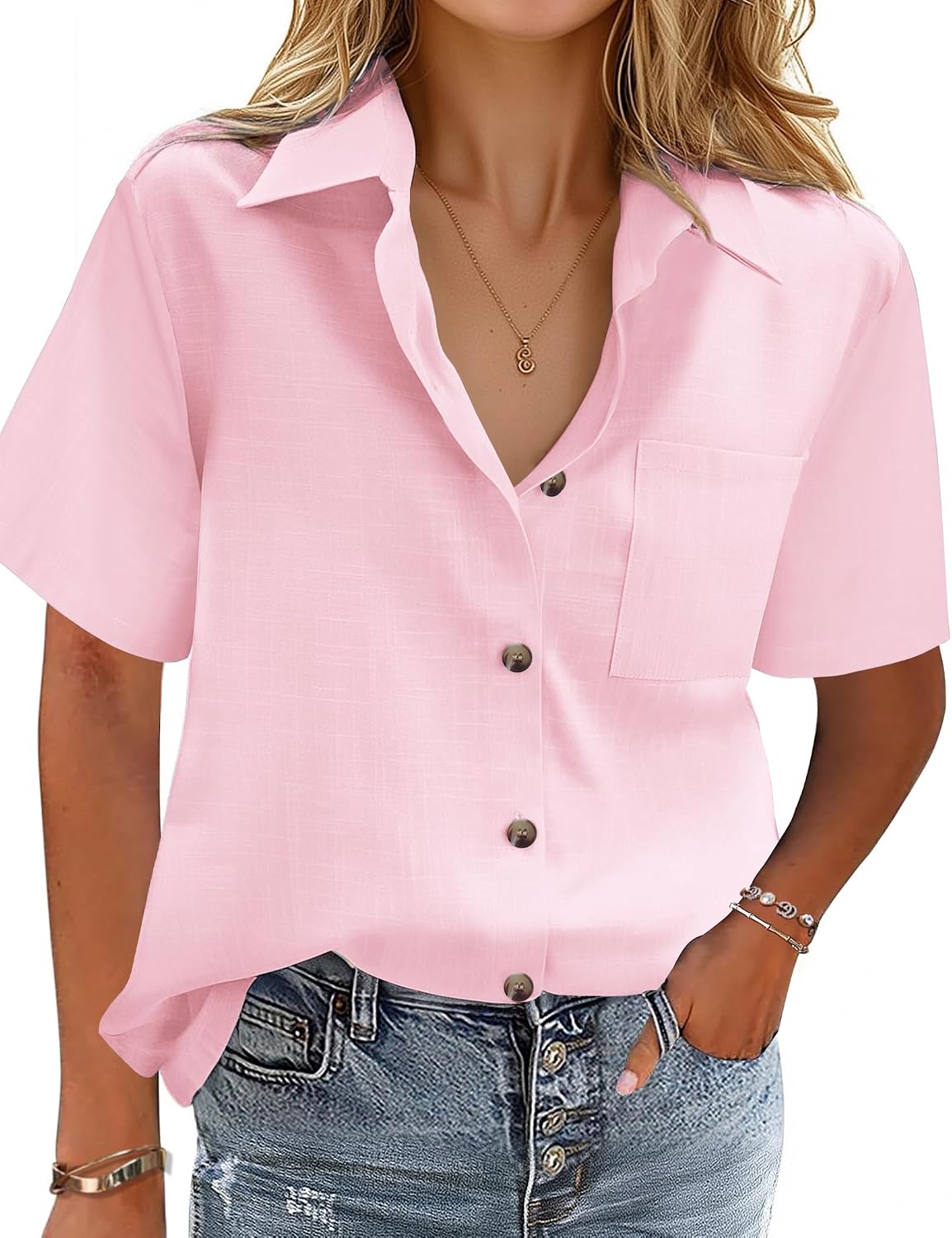 Ophelia - Printed Cotton Linen Short Sleeve Button Down Collared Summer Shirt for Women