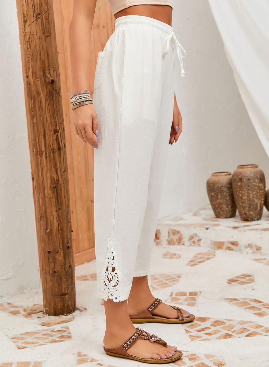 Blaire - Cotton Capri Pants with Lace Hem, Drawstring Waist, Pockets and Loose Fit