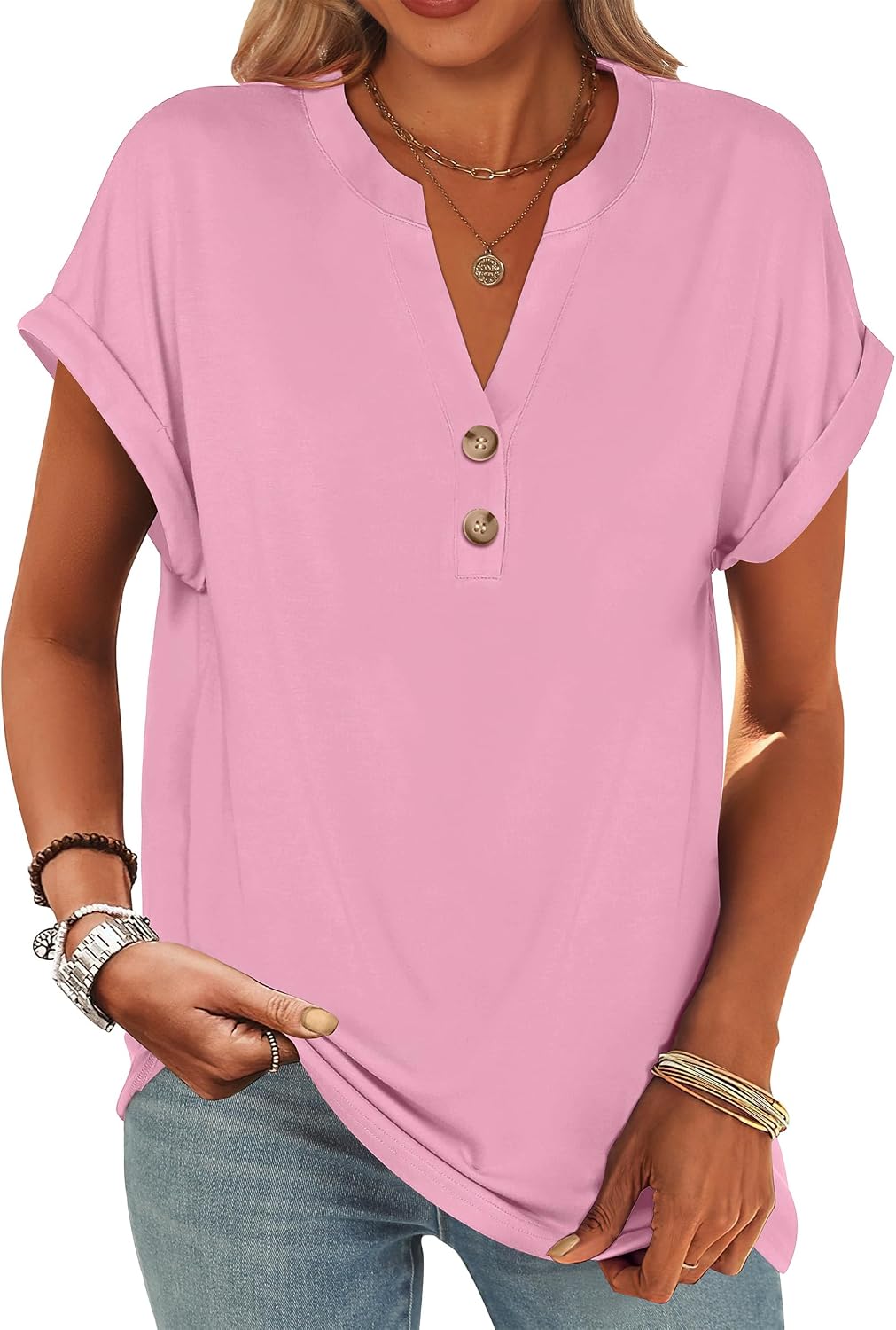 Colette Women's Henley V-Neck Tunic Top with Short Sleeves & Button Detail
