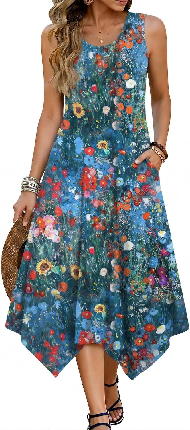 Avelisse Women's Bohemian Floral Handkerchief Midi Dress with Pockets