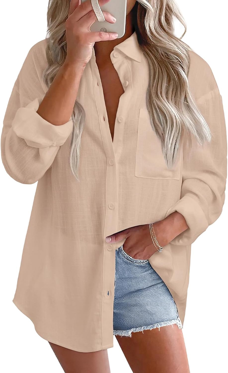 Freja Linen Blend Oversized Button-Down Roll Sleeve Collared Women's Relaxed Shirt Blouse