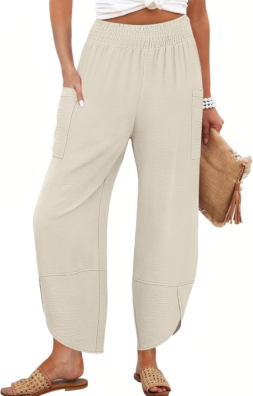 Maëlys Women's Smocked Waist Barrel Leg Cropped Pants with Utility Pockets