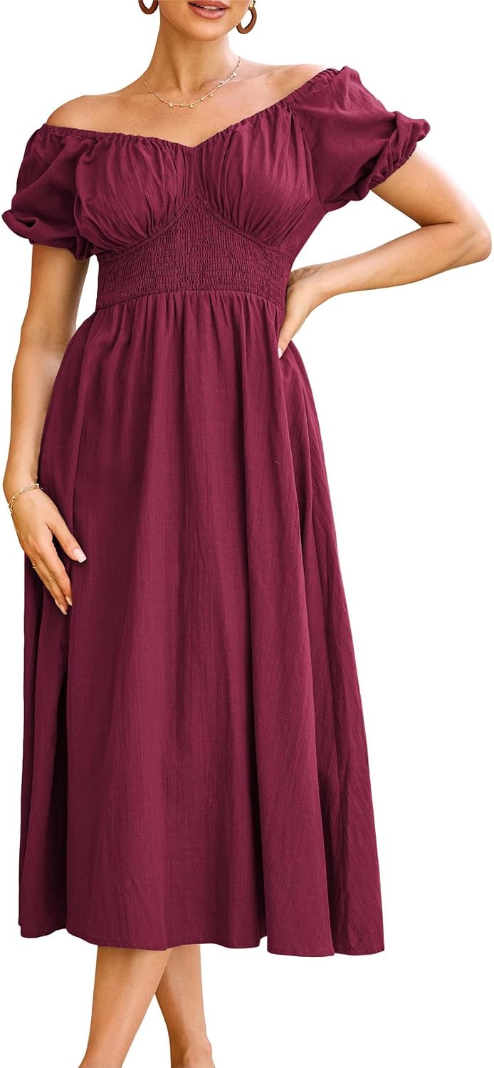 Celestia Cotton A-Line Maxi Dress – Puff Sleeve Off-Shoulder Smocked Dress
