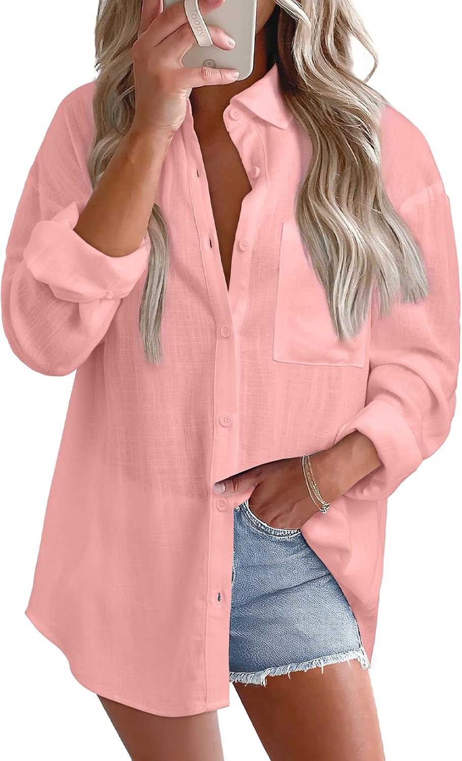 Freja Linen Blend Oversized Button-Down Roll Sleeve Collared Women's Relaxed Shirt Blouse
