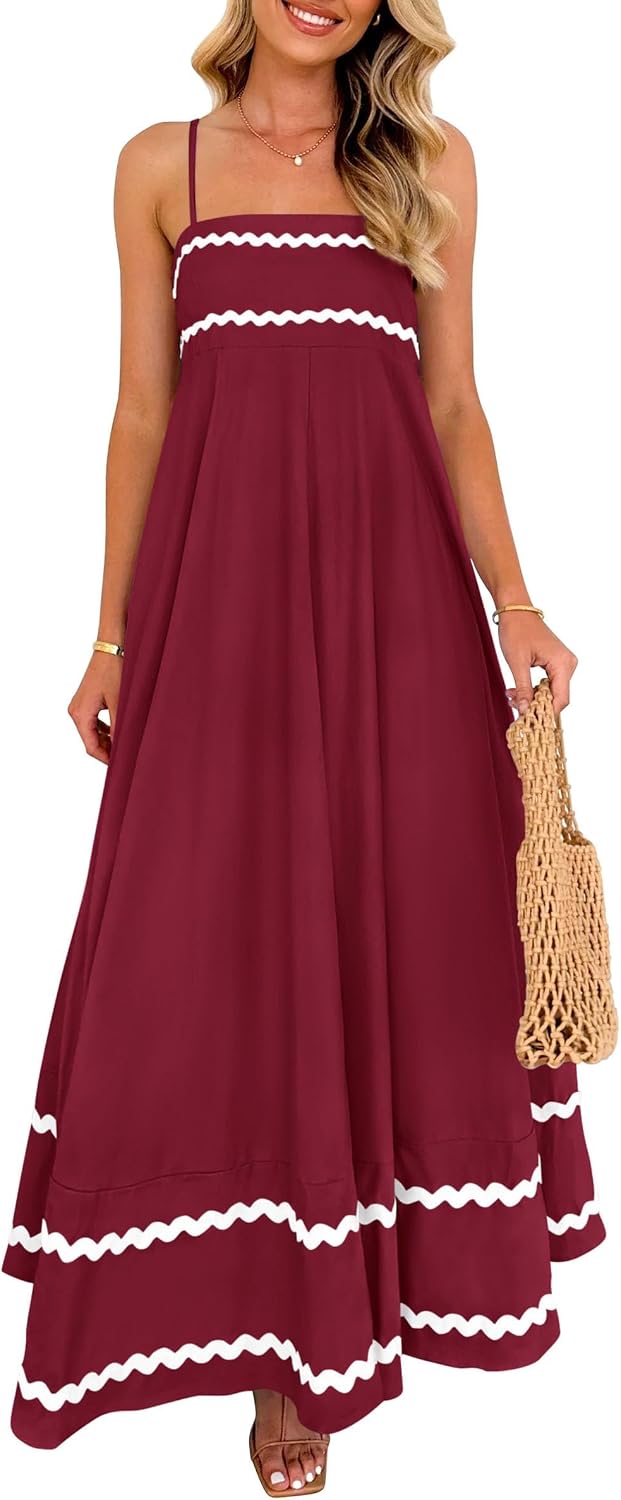 Elowyn Women's Square Neck Maxi Dress with Smocked Back, Ruffle Hem & Pockets