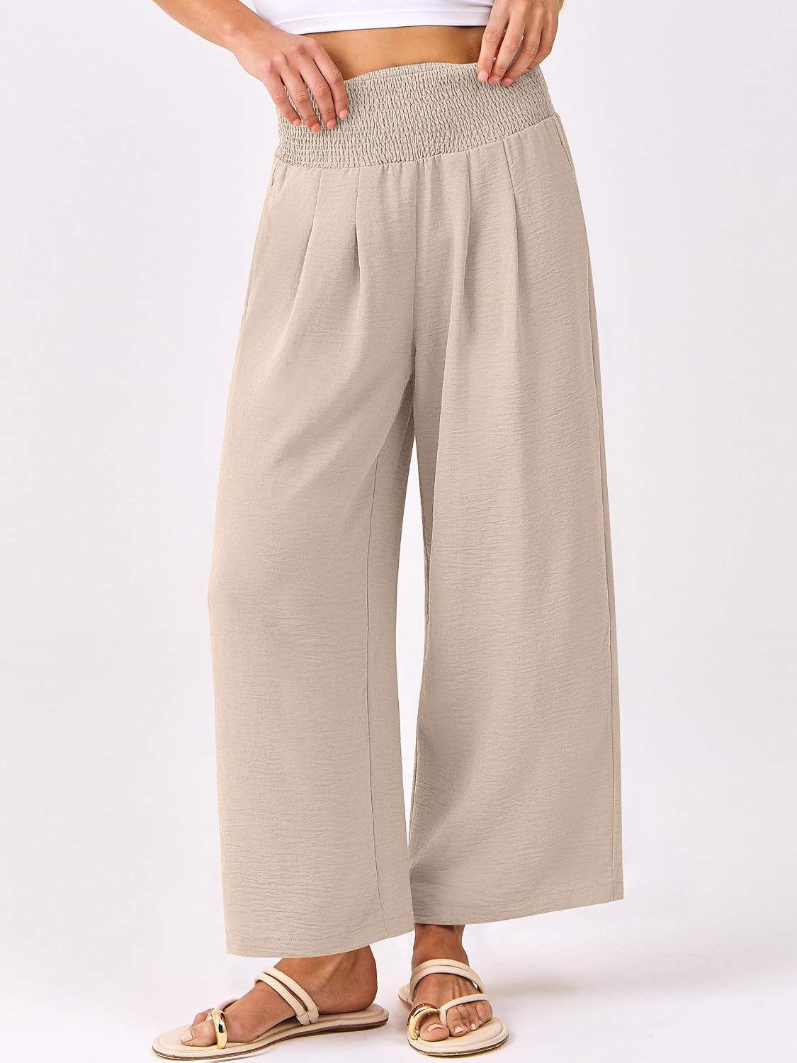 Bria - Wide Leg Palazzo Pants with Smocked High Waist, Pockets and Lightweight Fabric