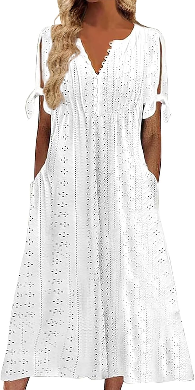 Maren Women's Eyelet V-Neck Maxi Dress with Tie Sleeves and Pockets