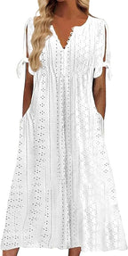 Maren Women's Eyelet V-Neck Maxi Dress with Tie Sleeves and Pockets