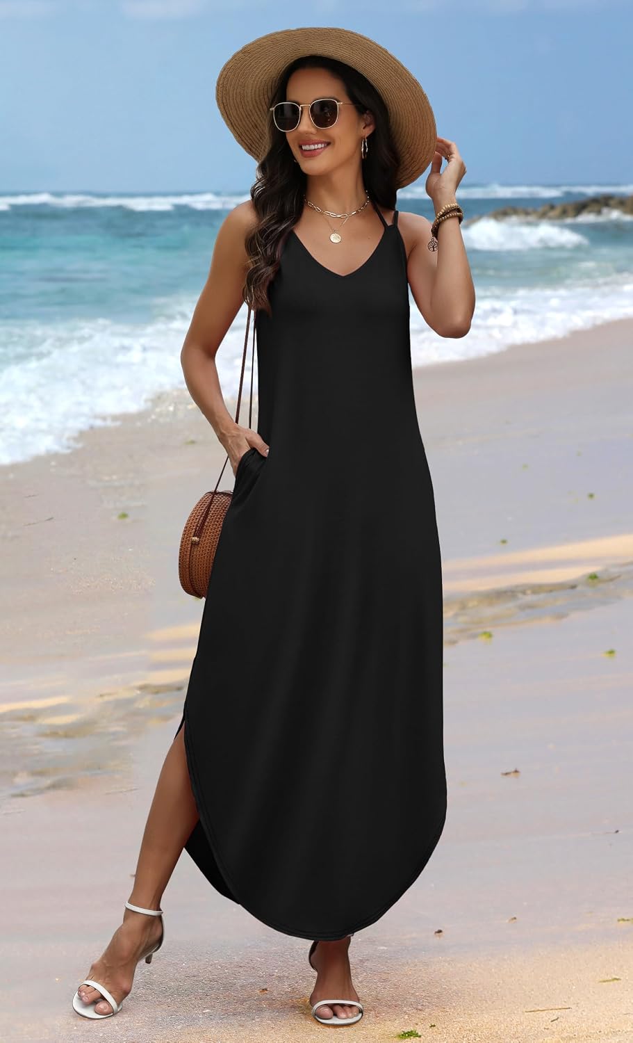 Liora Women's Halter Neck Maxi Dress with Curved Hem & Flowy Silhouette