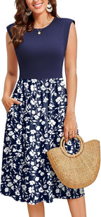 Noemi Women's Floral Midi Dress with Cap Sleeves, Round Neck & Side Pockets
