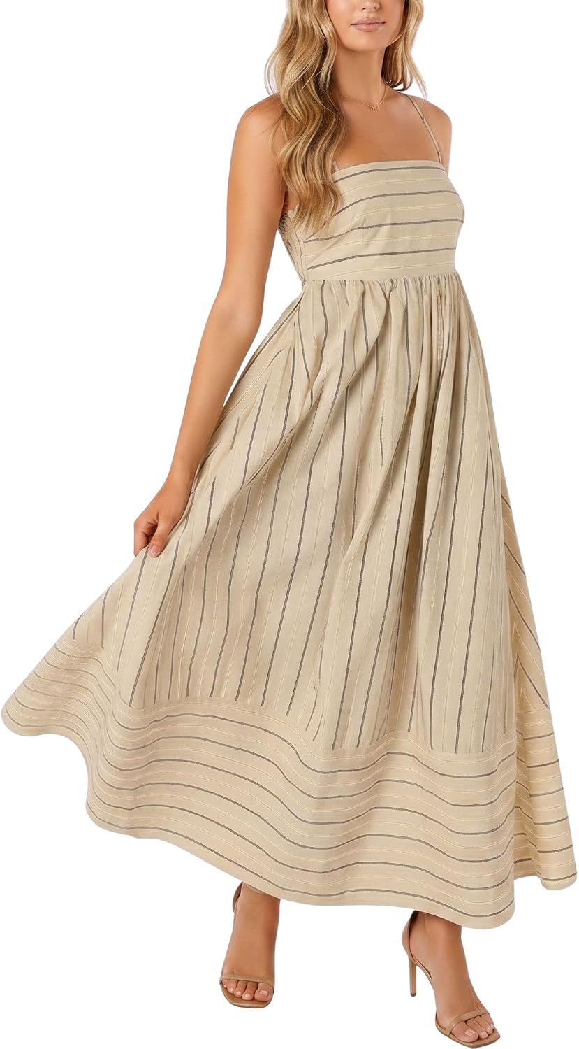 Seraphina Women's Striped Maxi Dress with Smocked Back, Cut-Out Detail & Pockets