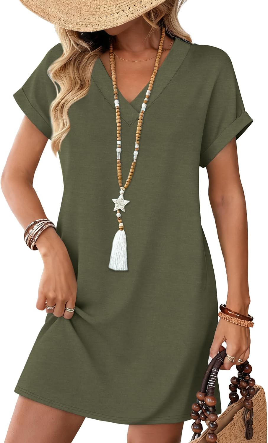 Elara Women's Casual V-Neck Midi T-Shirt Dress with Cuffed Sleeves & Side Pockets