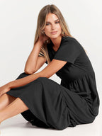 Brielle Women's Tiered Maxi Dress with Short Sleeves, Crew Neck & Side Pockets